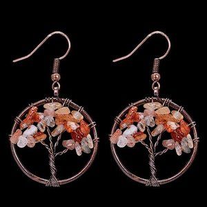NWOT Tree of Life Red Agate Pendant Earrings Wire gold-tone copper-tone Crystal